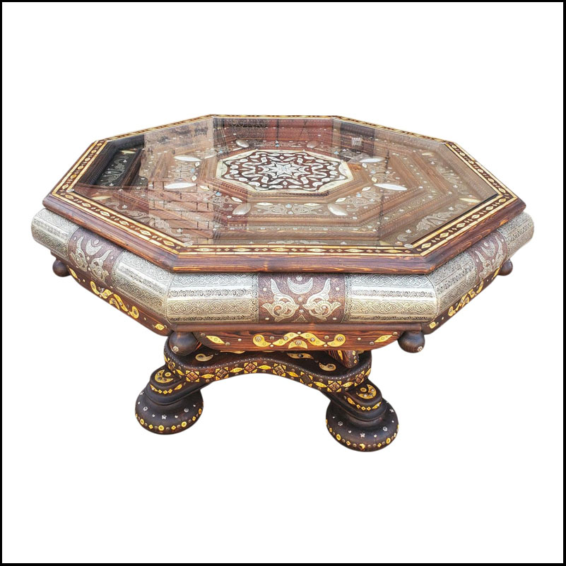 Moroccan Octagonal Camel Bone And Metal Inlaid Coffee Table, Exotica