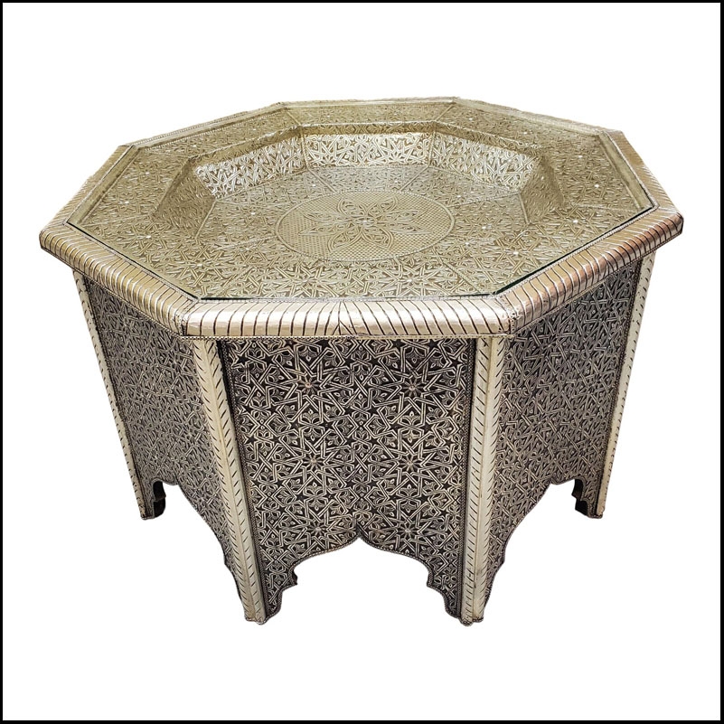 Moroccan Octagonal Metal Inlaid Coffee Table, Silver Finish