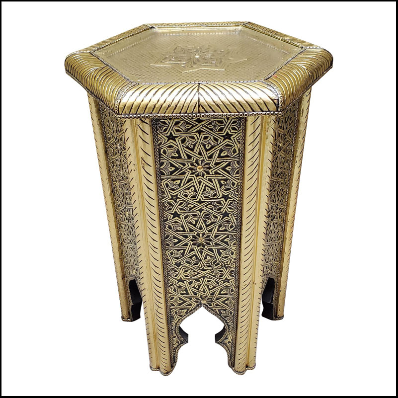 Moroccan Hexagonal Metal Inlaid Side Table, Gold Finish