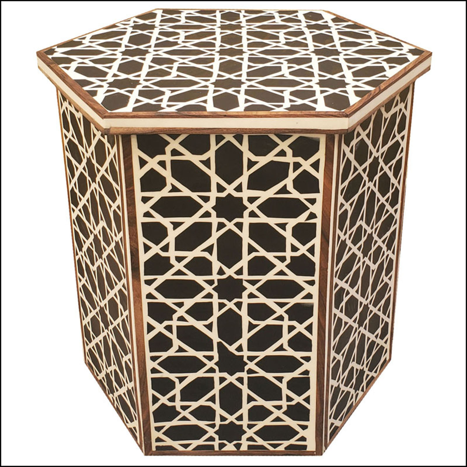 Contemporary Moroccan Resin and Walnut Wood Side Table / Black Zellige Pattern