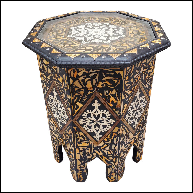 Moroccan Orange And White Camel Bone and Metal Inlay End Table, Marrakech 21