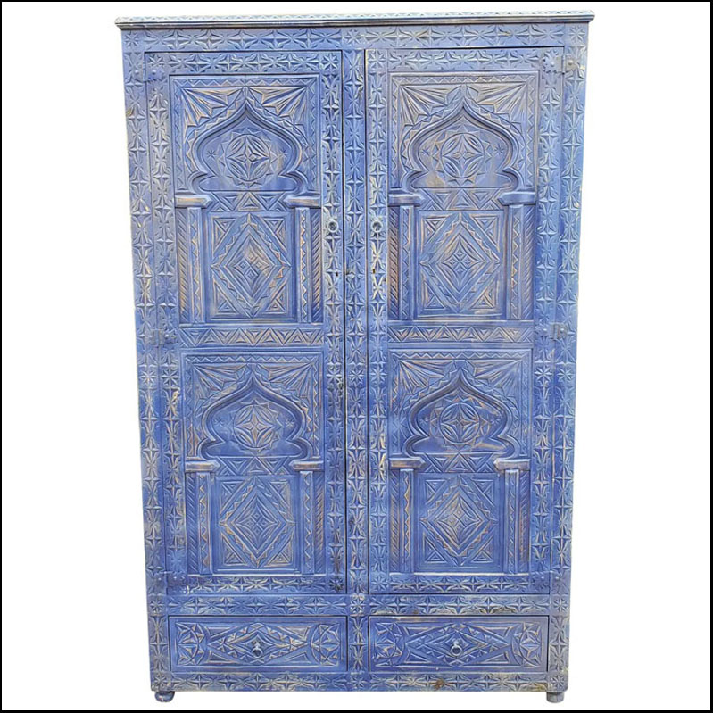 Berber Style Blue Wash Moroccan Hand-Carved Armoire – Cedar