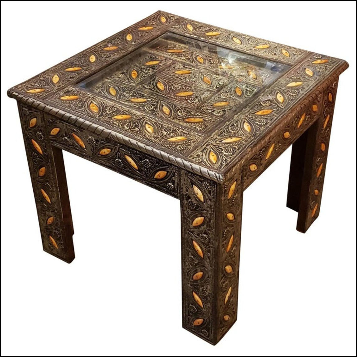 Metal Inlay and Camel Bone Moroccan Side Table, Square Top