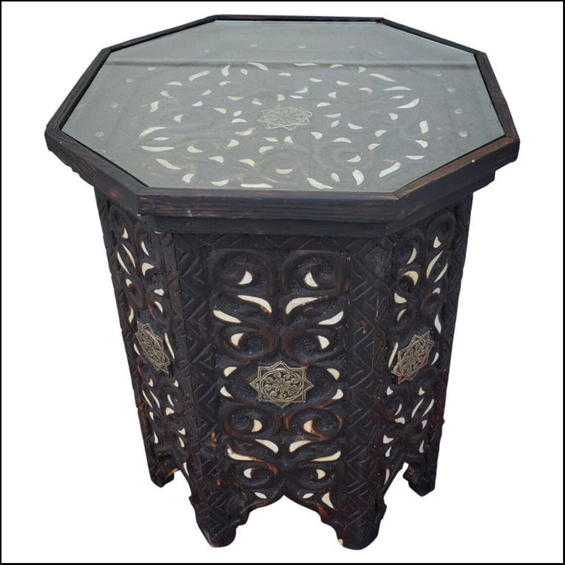 Moroccan Octagonal Wooden Side Table, Metal And Camel Bone Inlay