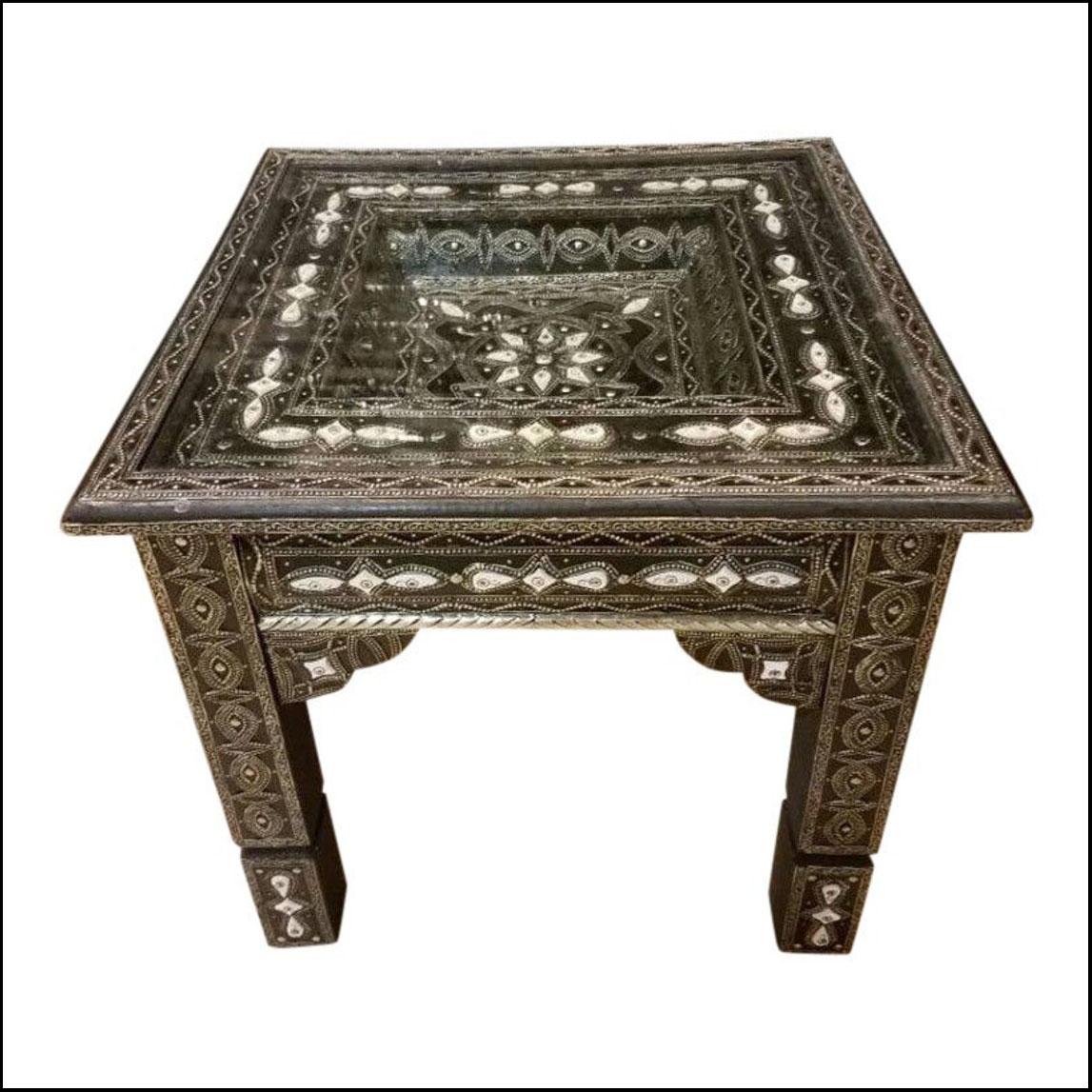 Metal / White Camel Bone Inlaid Moroccan Side Table.