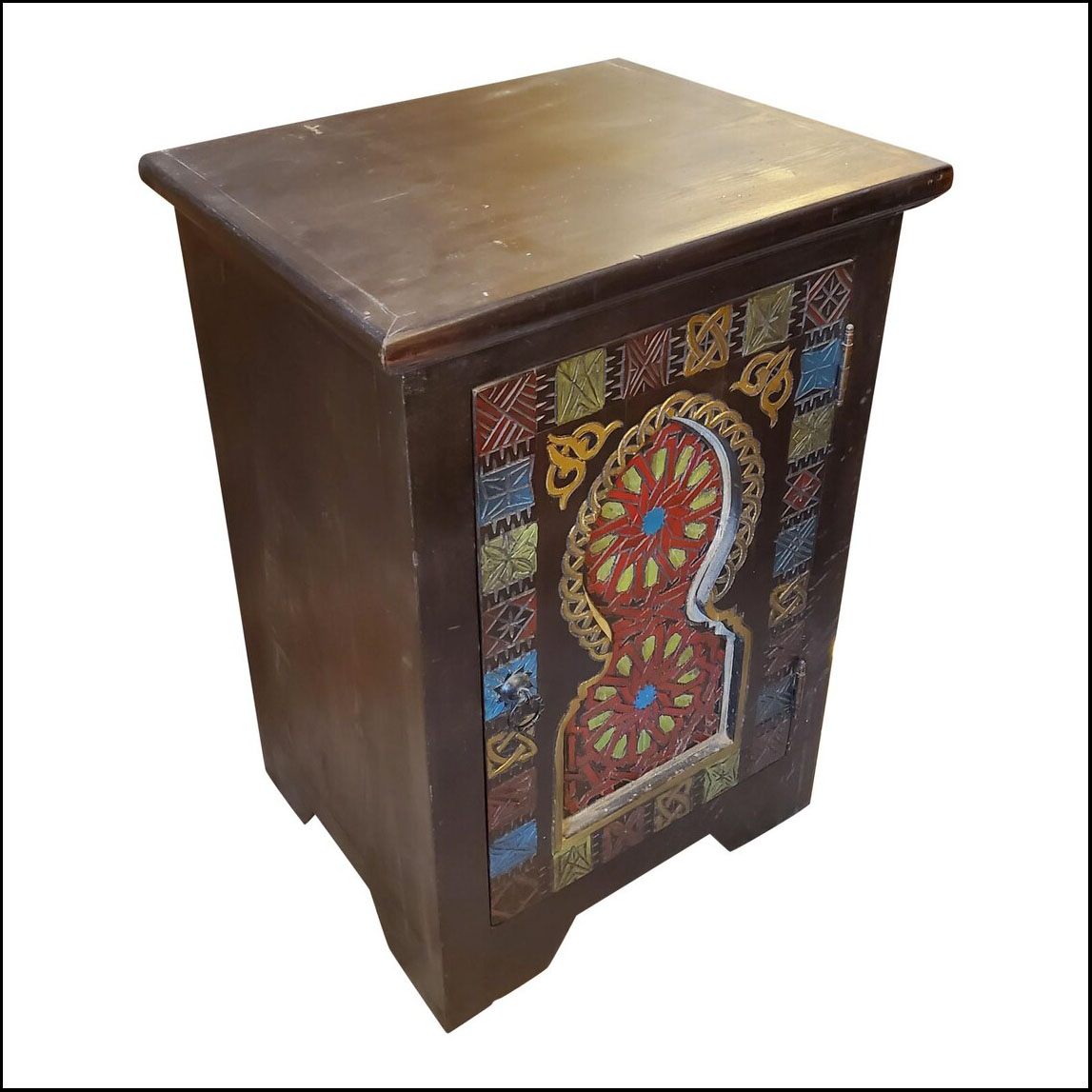 Moroccan Hand Painted Nightstand, Multicolor Carving