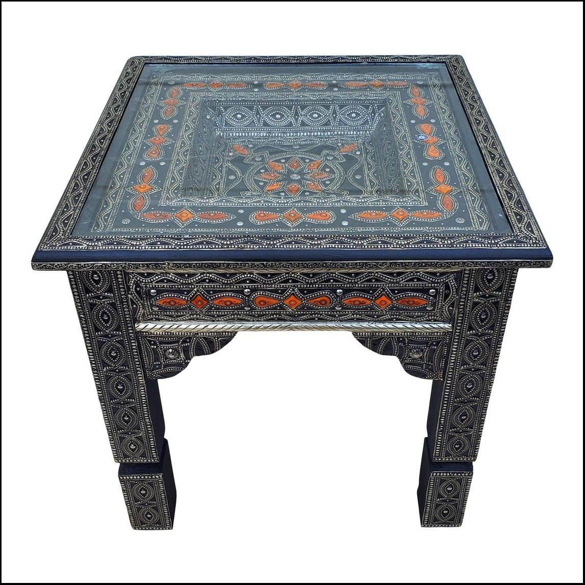 Metal Inlaid Moroccan Side Table, Orange Accent
