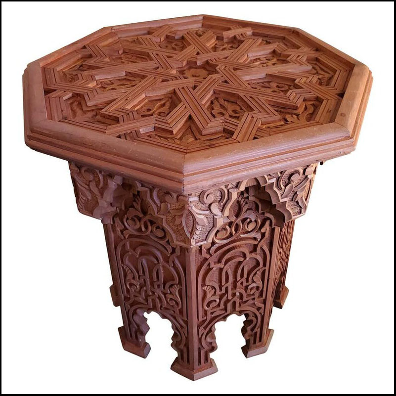 Moroccan Octagonal Wooden Side Table, Extra Carving