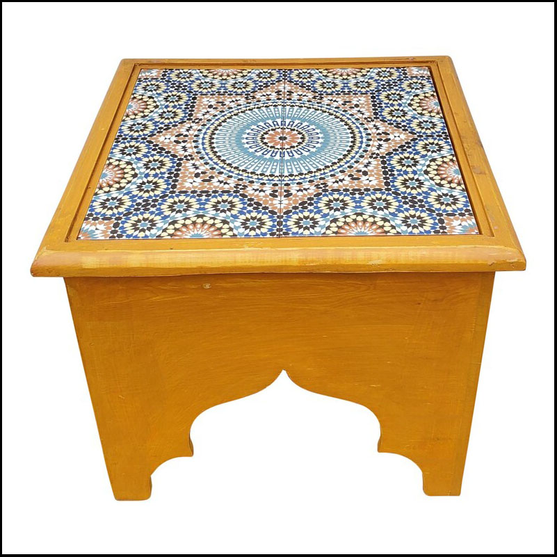 Mustard Moroccan Wooden Side Table, Tile Top