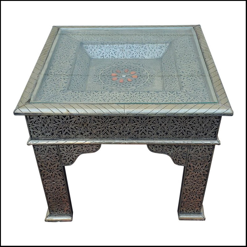 Metal Inlay Moroccan Side Table, Square Top