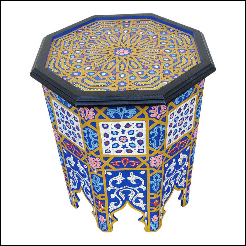 Moroccan Octagonal Wooden Side Table, Blue Mustard