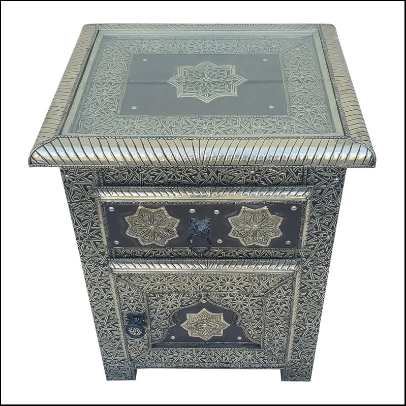 Leather And Metal Inlaid Moroccan Nightstand
