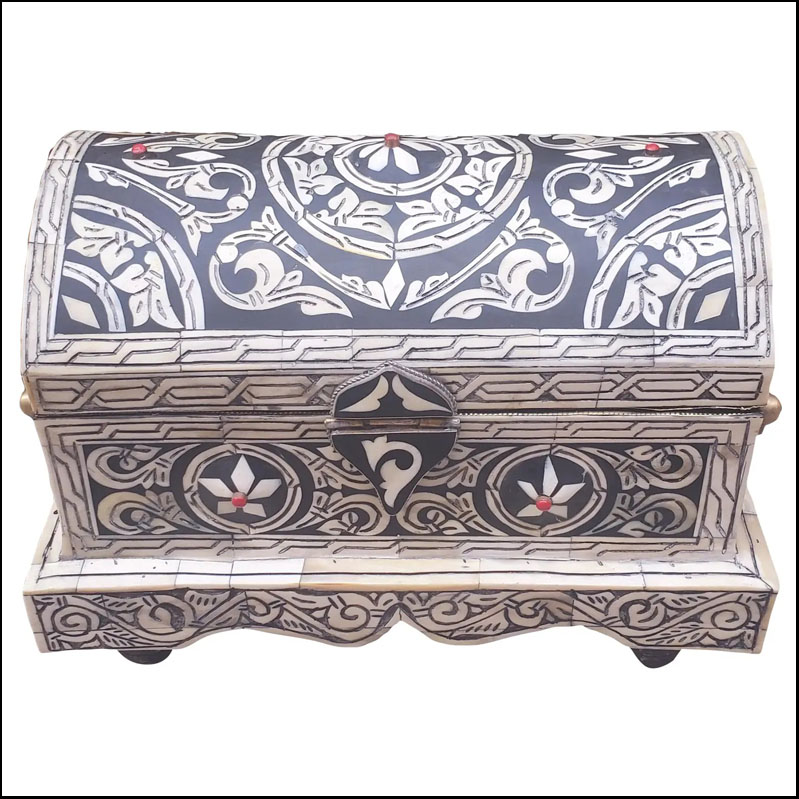 Moroccan Black and White Camel Bone And Resin Inlaid Cedar Wood Trunk