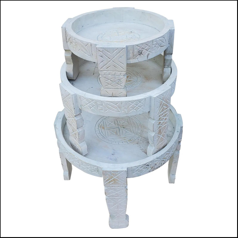 Moroccan Hand Carved White Wash Wooden Table / Berber Style Tayfour Set Of 3