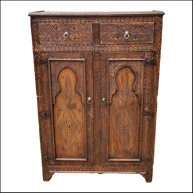 Moroccan Hand Carved Wooden Accent Chest/ Commode/ Cabinet, Tall Chlhaoui Berber Style