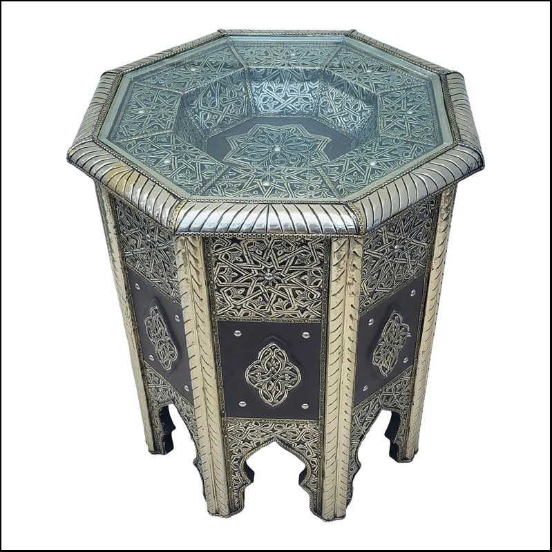Moroccan Metal Inlay And Leather End Table, Octagonal Shape ll