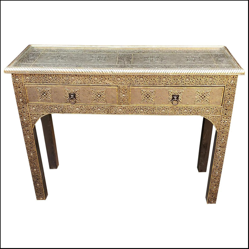 Moroccan Metal Inlay Console Table – Cedar wood frame – Gold Finish