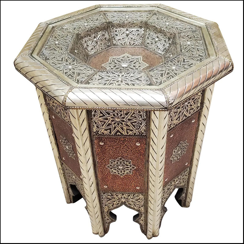 Moroccan Octagonal Traditional Metal Inlaid Side Table, Copper Finish LM28