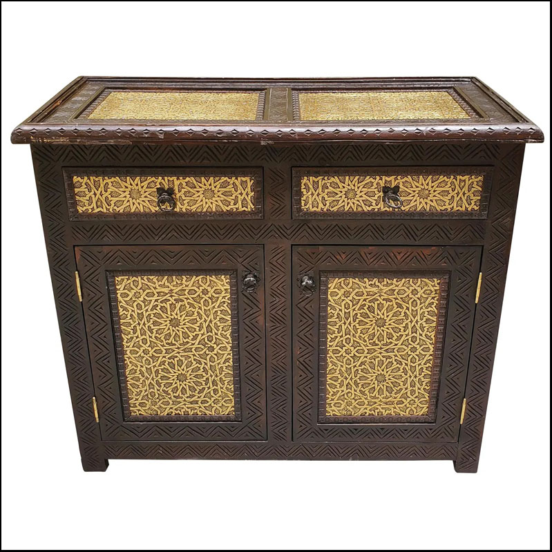 Cedar Wood And Metal Inlaid Moroccan Cabinet, Copper Look