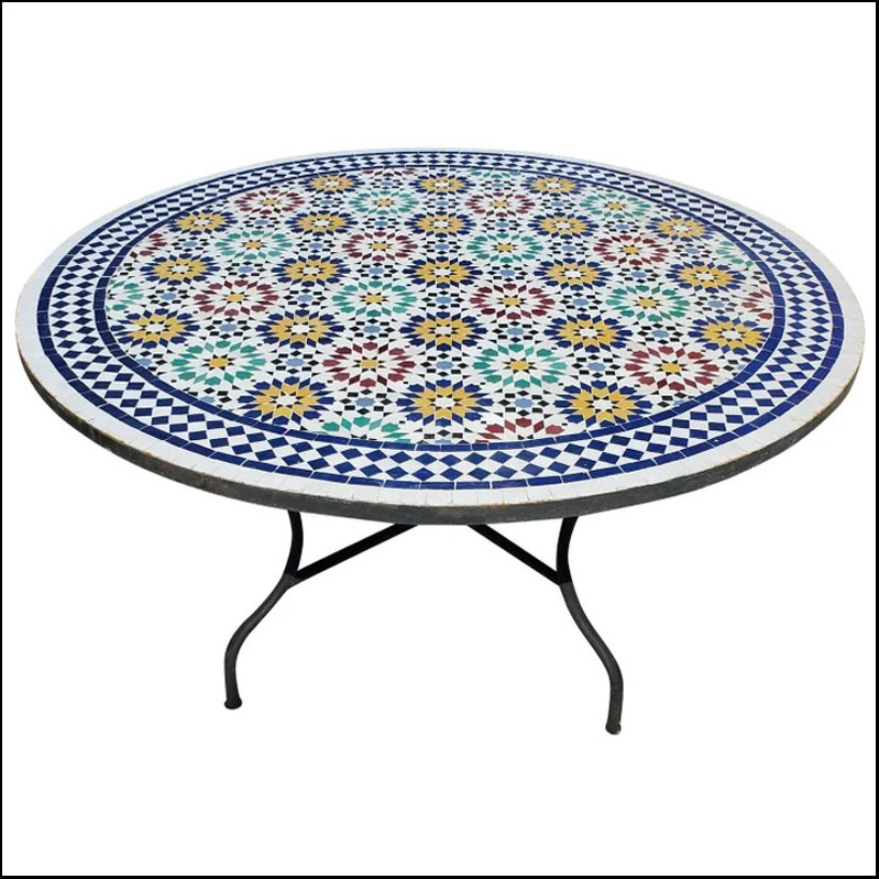 5 Feet Diameter Moroccan Mosaic Table – Multi-Color Beldia – Low / High Base Included