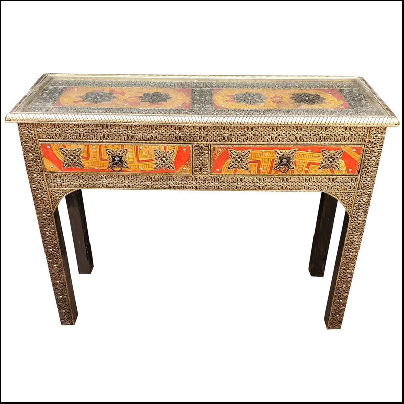 Moroccan Cedar Wood Frame Metal Inlay Console Table, Stained Leather