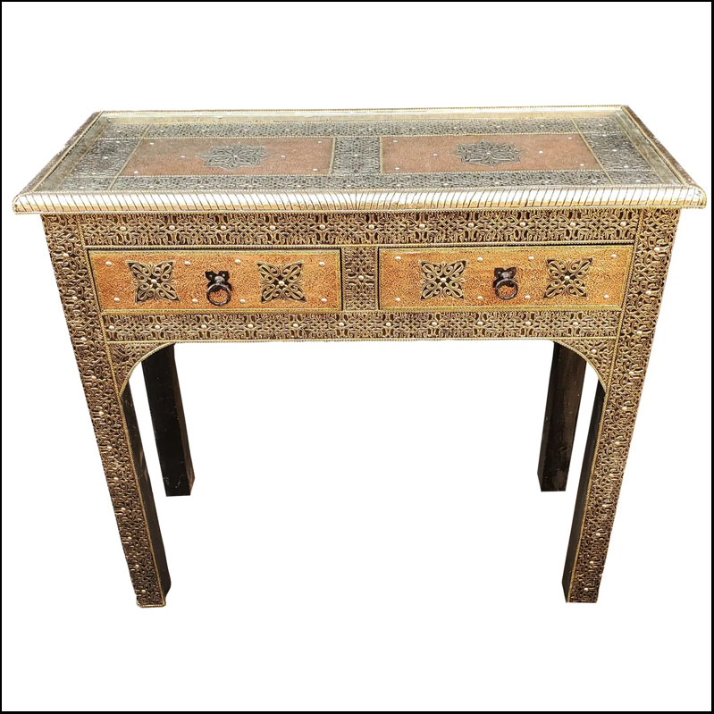 Moroccan Cedar Wood Frame Metal Inlay Console Table, Aged Copper Finish