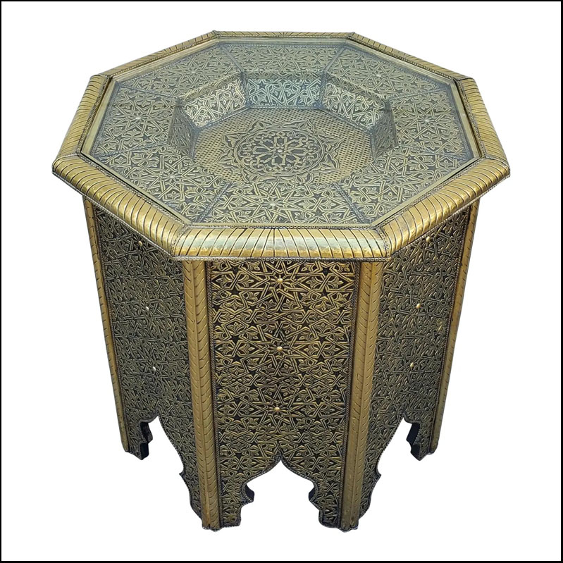 Moroccan Octagonal Metal Inlaid Coffee Table, Gold Finish