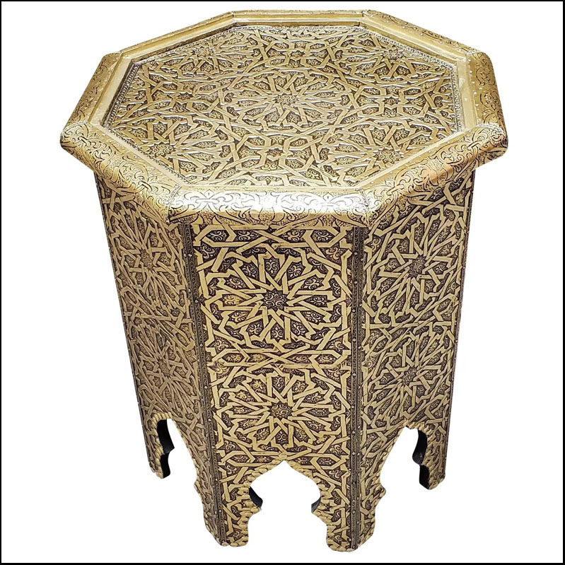 Moroccan Octagonal Traditional Metal Inlaid Side Table, Gold Finish LM28