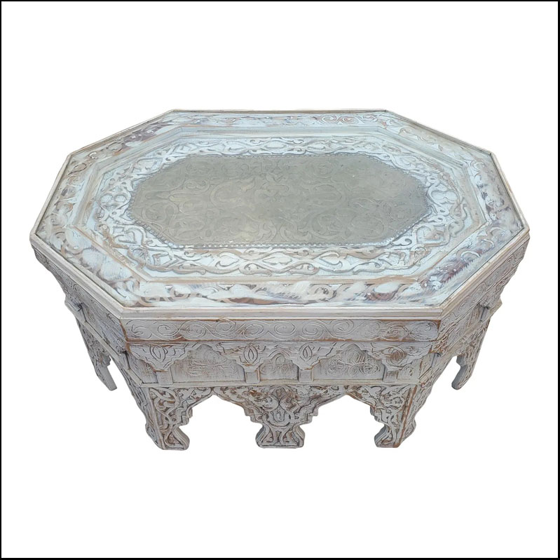 Octagonal White Washed Moroccan Wooden Coffee Table