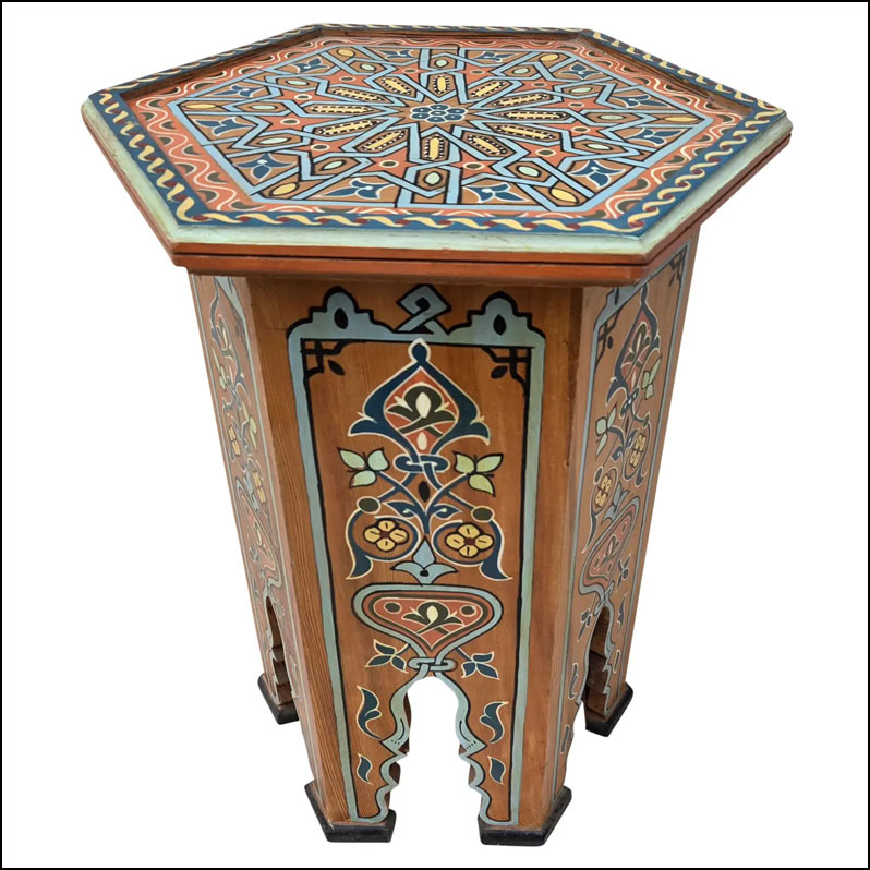 Moroccan Hexagonal Hand Painted Wooden Side Table / Orange QI