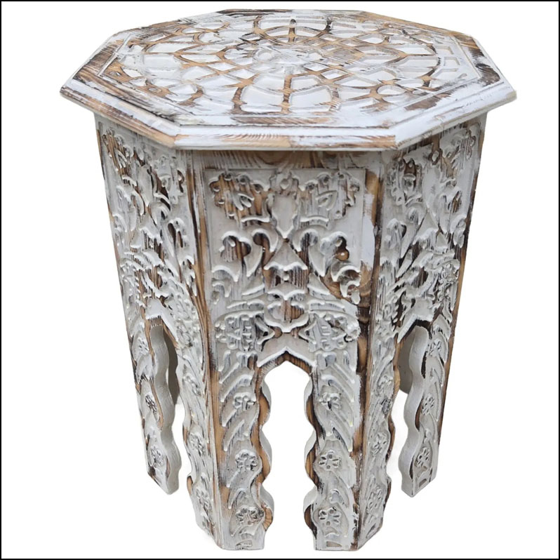 Moroccan Hand Carved Burnt White Wooden Side Table