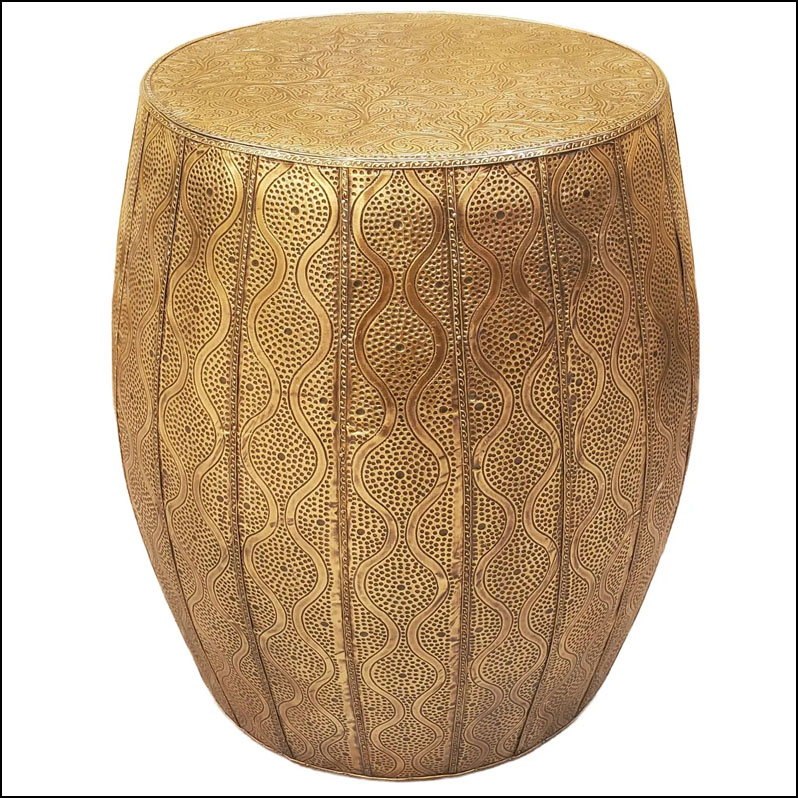 Contemporary Traditional Moroccan Metal Inlay Wooden Stool / Gold Finish