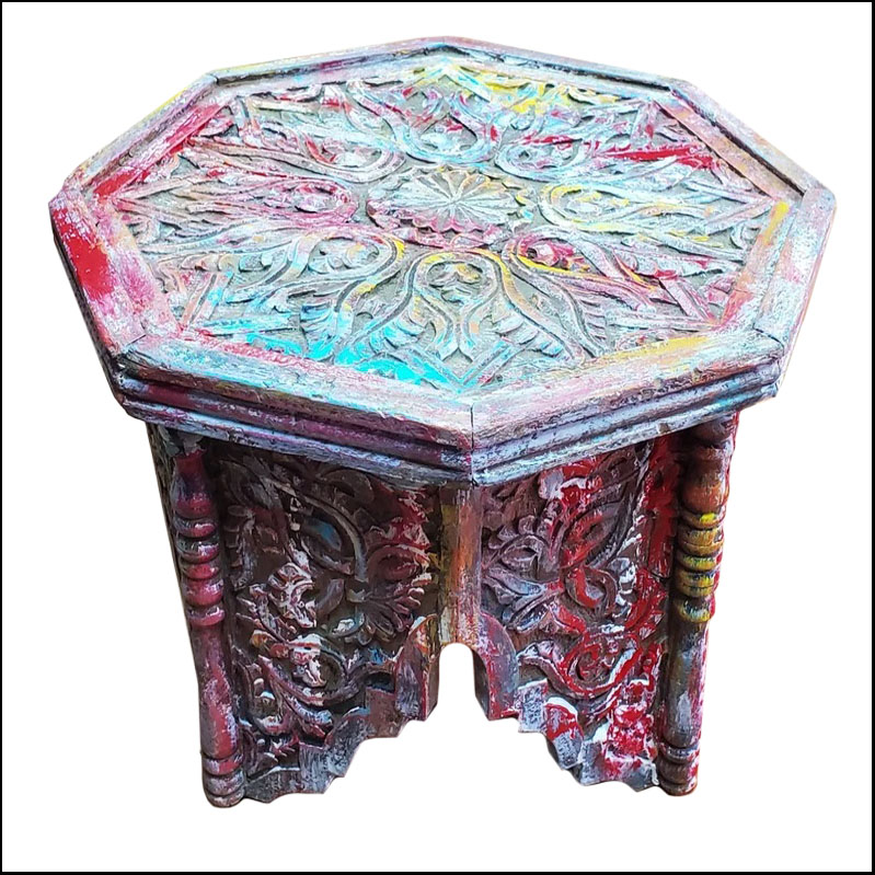 Vintage Octagonal Moroccan Wooden Side Table, Extra Carving / Multicolor Wash Collection
