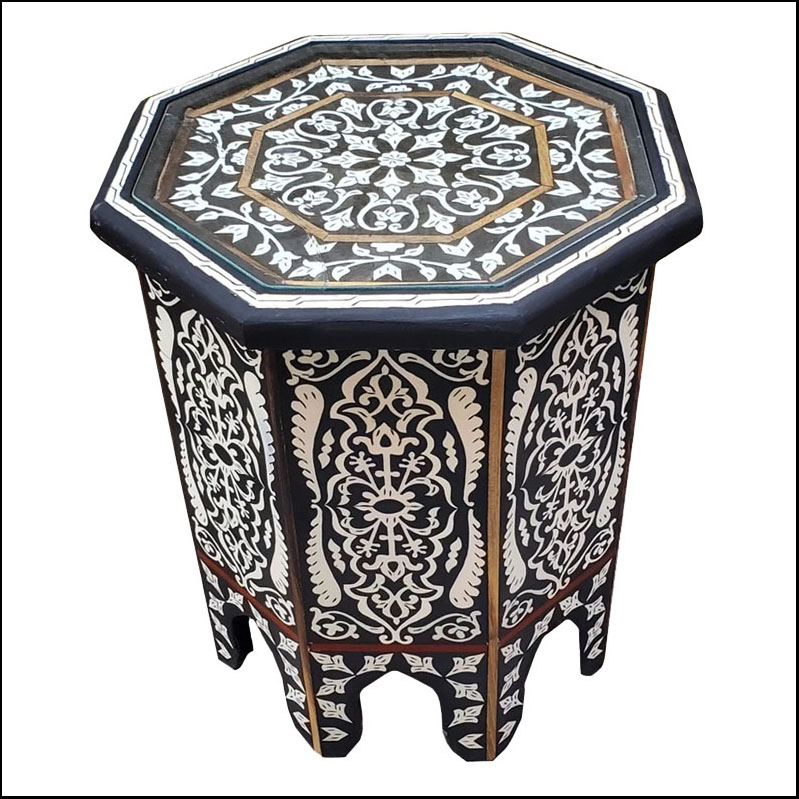 Moroccan White Camel Bone and Metal Inlay End Table, Marrakech 2LM28