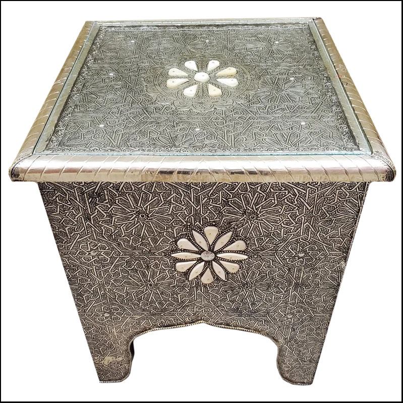 Metal Inlay Moroccan Side Table, Square Top, 1LM28