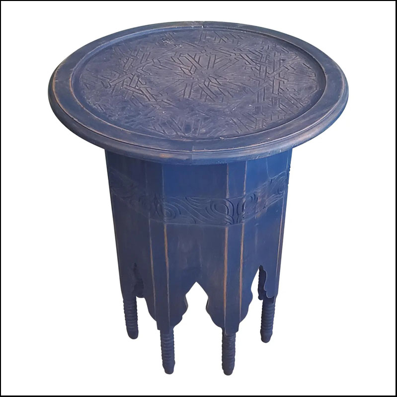 Moroccan Blue Washed / Carved Moroccan Side / End Table