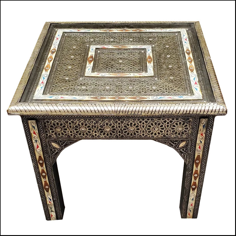 Metal And Camel Bone Inlay Moroccan Side Table, Square Top, 2LM28