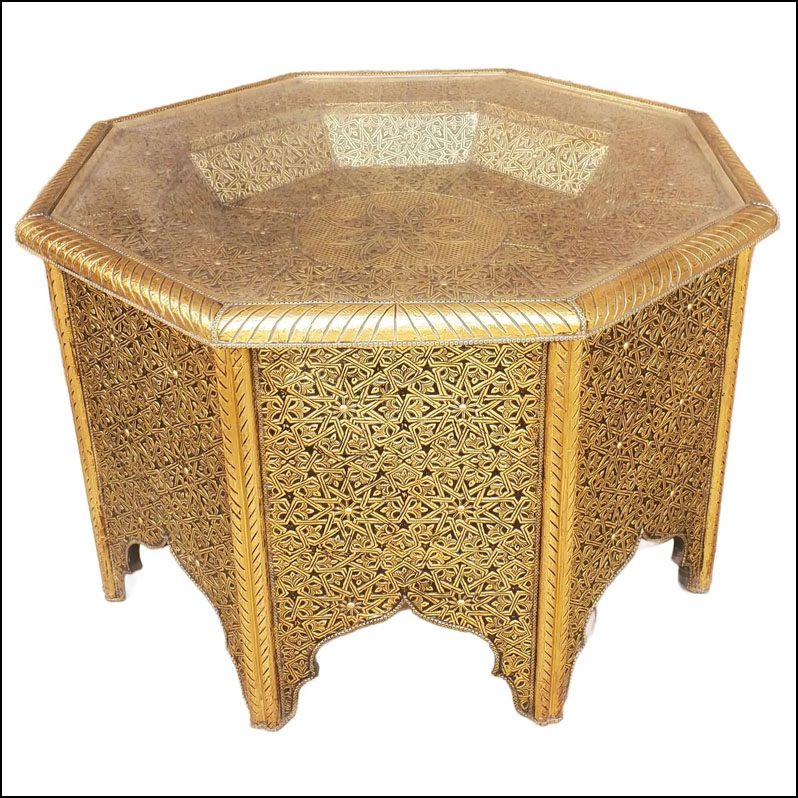 Moroccan Octagonal Metal Inlaid Coffee Table – Gold Finish