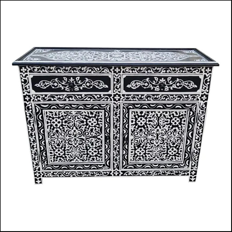 Moroccan Hand Painted Accent Chest/ Commode / Black And White