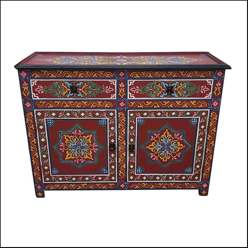 Moroccan Hand Painted Accent Chest/ Commode / Brick Red