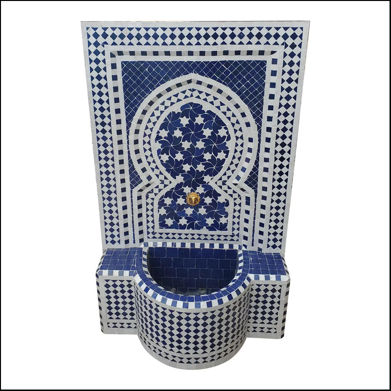 Blue and White Moroccan Mosaic Tile Fountain, Rafraf