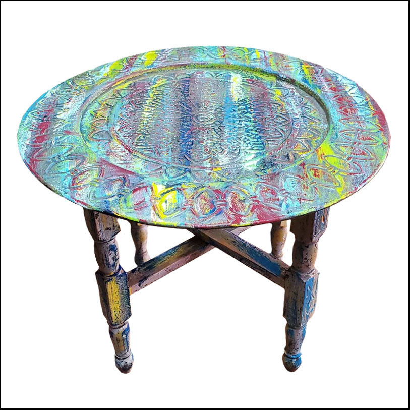 Vintage Look Metal Tray Table, Wooden Base / Multicolor Wash Collection
