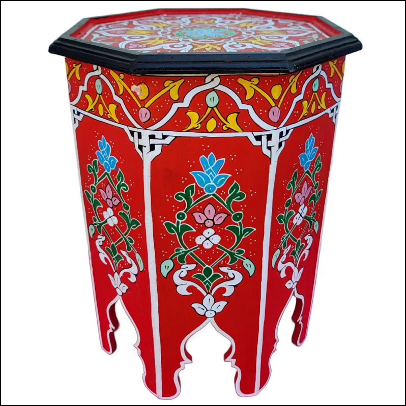 Moroccan Octagonal Hand Painted Wooden Side Table, Red Zouak