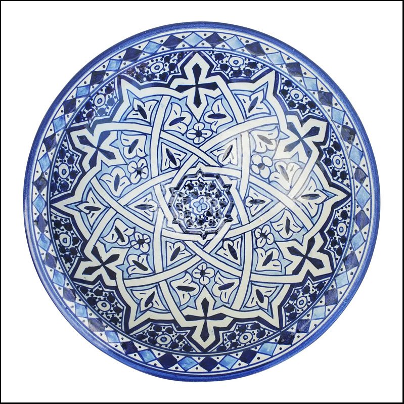 Moroccan Hand Painted Pottery Plate, Blue 3 LHLM29 12-3