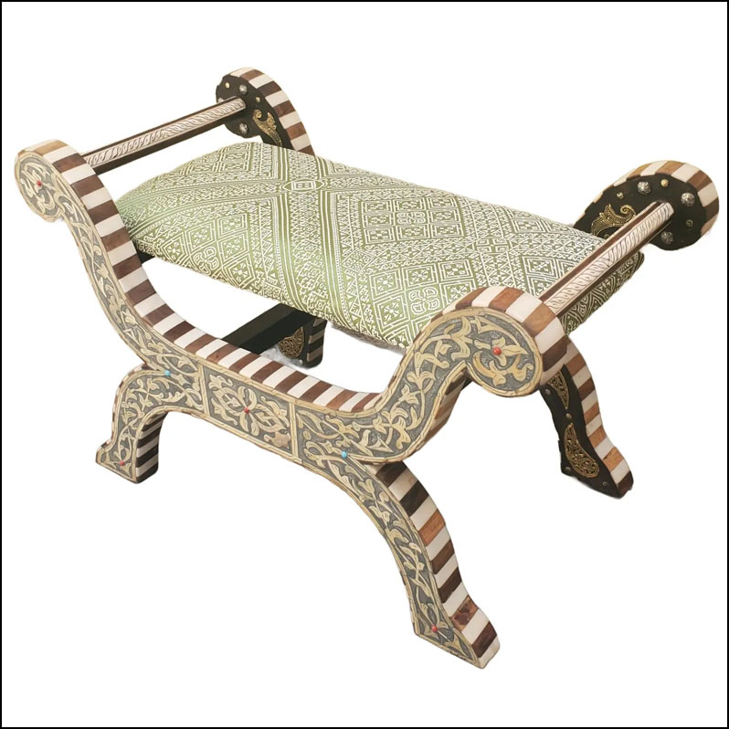 Contemporary Traditional Moroccan Resin and Walnut Wood Bedside Bench / Green Tarz
