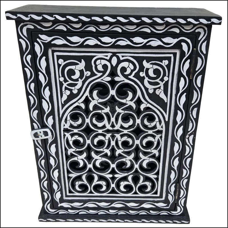 Hand Painted Moroccan Medicine Cabinet / Wall Shelf / Black And White