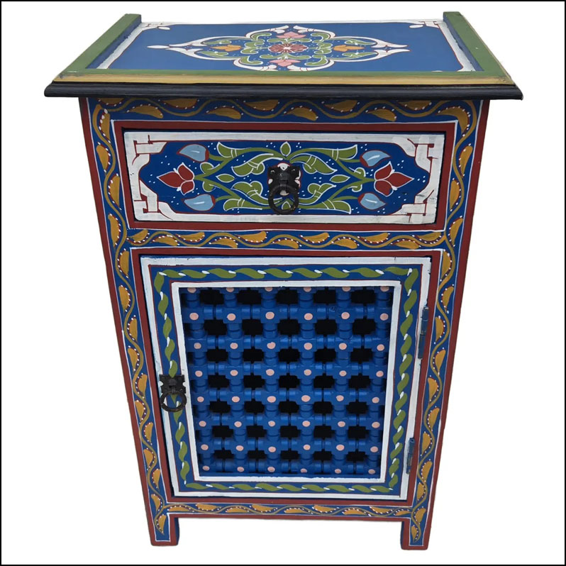 Moroccan Hand Painted Wooden Nightstand, Musharabi Blue