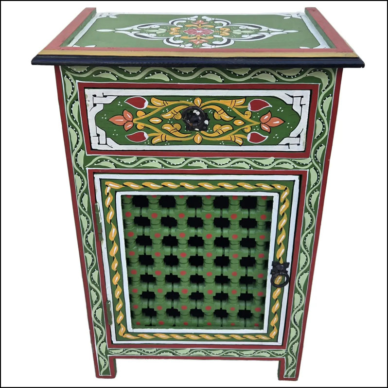 Moroccan Hand-Painted Wooden Nightstand, Musharabi Green