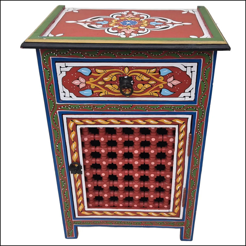 Moroccan Hand Painted Wooden Nightstand, Musharabi Red