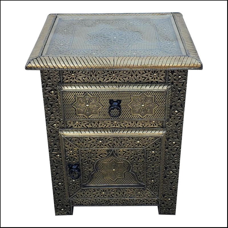 All Metal Inlaid Moroccan Nightstand / Gold Finish